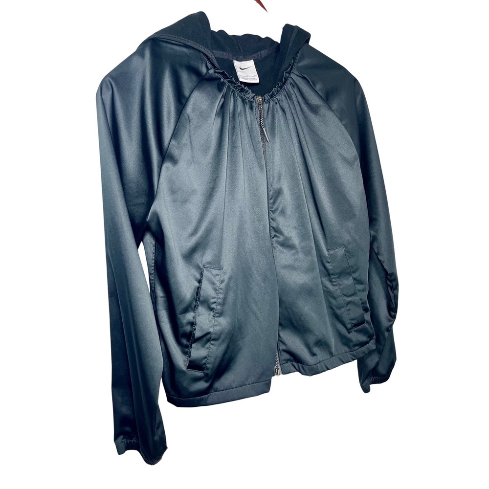 Nike Womens Small Black Satin Bomber Jacket 3-in-1 Removable Fleece Hooded Vest